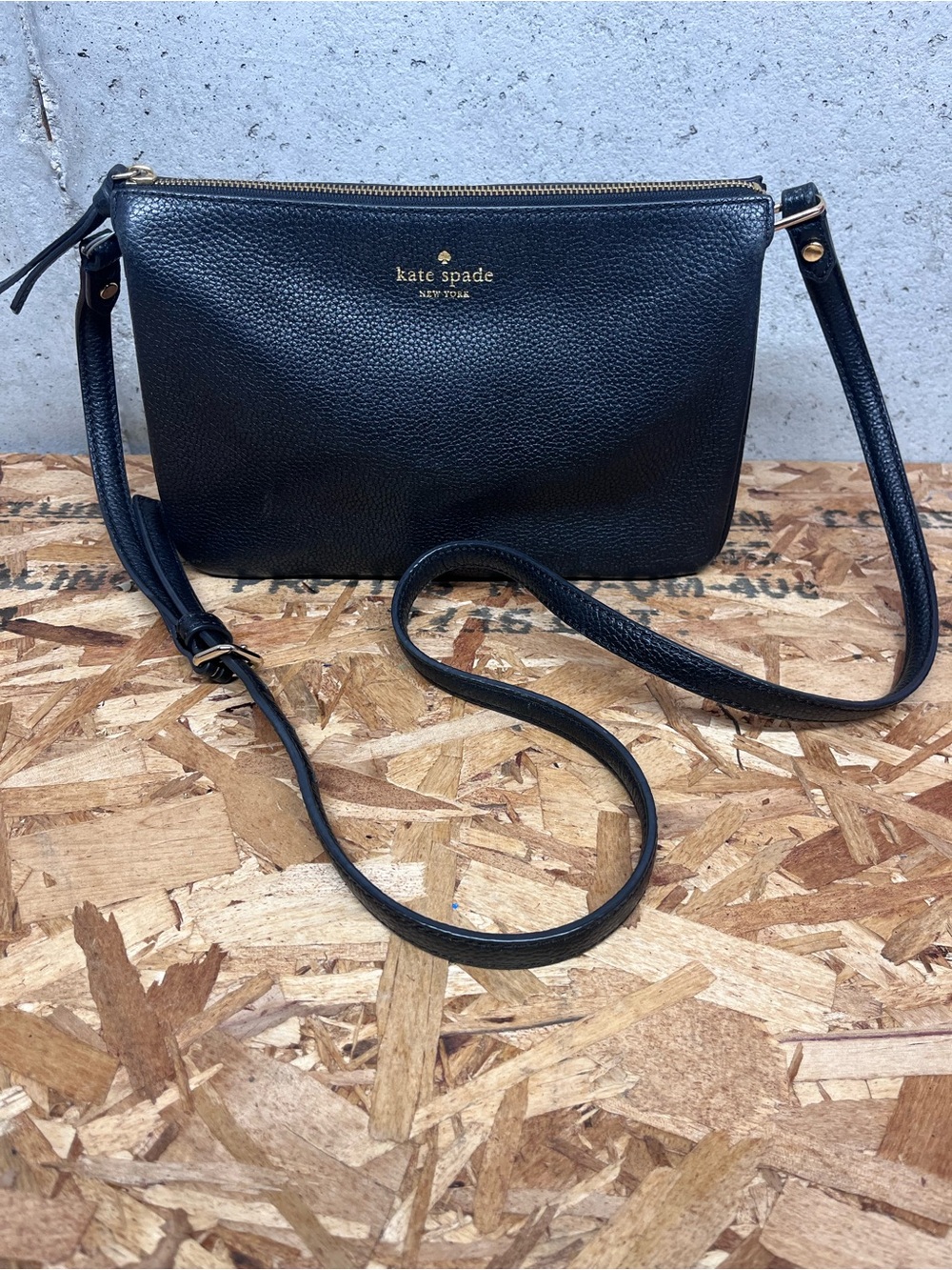 kate spade Black Pebbled Leather Crossbody Pouch with Gold Logo
